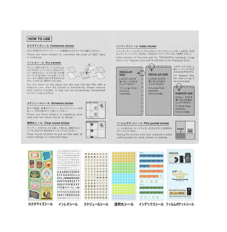 May include: A sheet of stickers with various designs and text, including index stickers, schedule stickers, and clear round stickers. Instructions in Japanese are also included, with a diagram showing how to use the stickers.