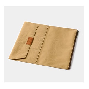 May include: A beige canvas zippered pouch with a leather patch and multiple interior pockets.