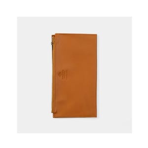 May include: A rectangular, tan leather wallet with a gold-colored zipper running along one side. The wallet has a small embossed logo and text on the lower right corner. The background is plain white.