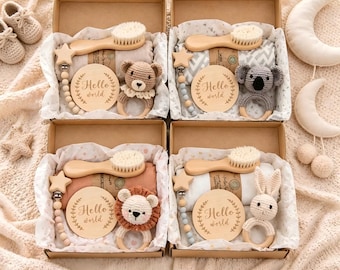 Personalized Newborn Gift Set | Crochet Rattle & Baby Essentials Box, Custom Baby Shower Gift for Girl Boy, Handmade Keepsake Box