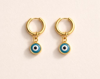 Gold Evil Eye Hoop Earrings, Dainty Minimalist Nazar Jewelry, Protection Gift for Her