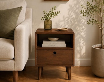 LED Natural Solid Wood Side Table with Drawer - Open Shelf Mid Century Modern Nightstand Sofa End Table Solid Wood Nightstand Room Furniture