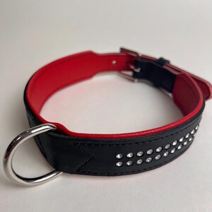 以下が含まれることがあります： シルバーの金具が付いた黒と赤の犬用首輪。首輪は黒革製で、内側は赤色、キラキラ光るラインストーンが並んでいます。シルバーのDリングとバックルも確認できます。