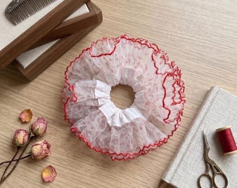 Coletero de encaje floral, lazo para el cabello con ribete rojo con volantes, accesorio estilo cottagecore