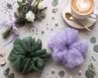 Coletero de organza extragrande, coletero transparente con lunares, coletero verde salvia lavanda, accesorio romántico para el cabello, regalo para damas de honor