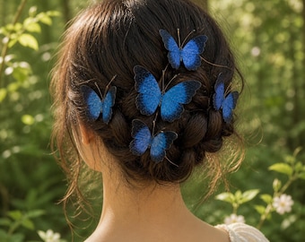 Pinza para el cabello romántica de mariposa de seda, accesorio para el cabello de novia Fairycore azul y morado.