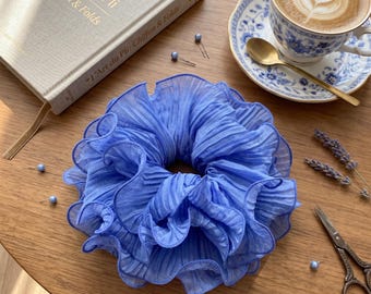 Coletero azul extragrande, coletero de gasa plisada, coletero gigante con forma de nube, accesorio para el cabello con estética coqueta, regalo romántico francés para ella.