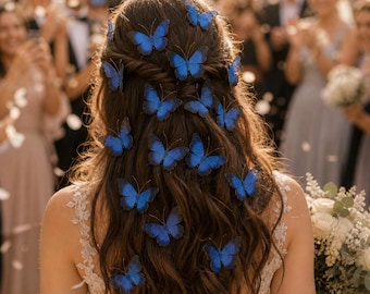 Pinza para el cabello de mariposa de seda azul, tocado de novia de hada azul
