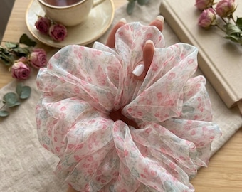Coletero de organza floral extragrande, lazo rosa transparente para el cabello, accesorio romántico de estilo cottagecore.