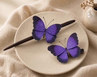 Elegante pasador de seda con forma de mariposa, broche azul y morado para moño, ideal para recogidos de boda.