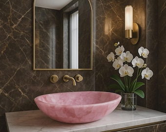 Lavabo de cuarzo rosa hecho a mano – Lavabo ovalado de cristal natural