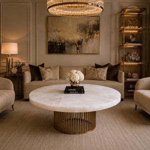 May include: A round coffee table with a white stone top and a cylindrical gold metal base featuring vertical slats. The table is positioned in a living room setting with two beige armchairs, a beige sofa, and two black books labelled Chanel and Rolex.