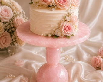 Handmade Rose Quartz Cake Stand | Natural Pink Crystal Dessert Pedestal, Luxury Wedding Display