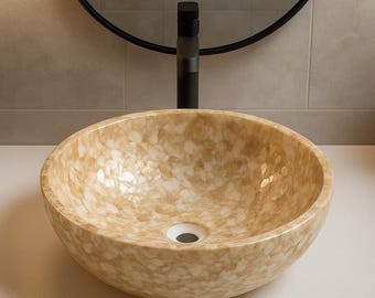 Lavabo de nácar hecho a mano: Lavabo redondo para baño o aseo.