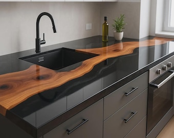 Custom Epoxy Resin River Kitchen Countertop: Black & Natural Wood Slab