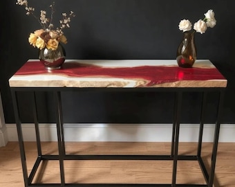 Mesa consola de resina epoxi roja / Mesa de entrada con borde natural, hecha a mano