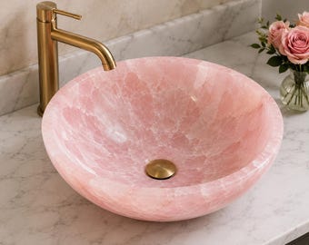 Lavabo de cuarzo rosa, lavabo de baño de piedra natural, lavabo de lujo hecho a mano, decoración de spa en casa a medida