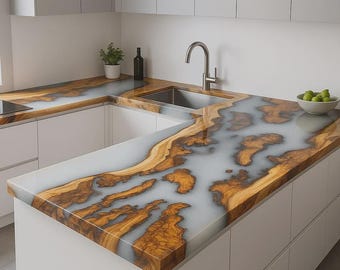 Handmade White Pearl Epoxy Resin River Countertop | Live Edge Wood Slab