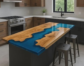 Handmade Ocean Blue Epoxy Resin River Countertop: Custom Wood Slab