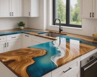 Handmade Walnut Ocean Resin Countertop - Custom Live Edge Kitchen Slab