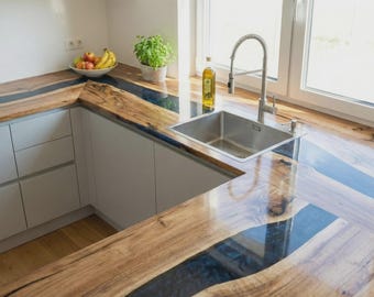 Encimera de resina oceánica de madera de nogal hecha a mano - Losa de isla de cocina personalizada