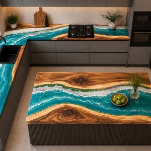 Epoxy Kitchen Countertop Table, River Resin Wood Design, Custom Size Luxury Modern Kitchen Island Top for Housewarming