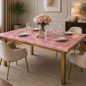 Rozenkwarts tafelblad, handgemaakte roze edelsteen eettafel, rechthoekig luxemeubilair, aangepast formaat huwelijkscadeau