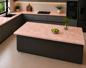 Rose Quartz Counter Top Stone Kitchen Island, Custom Size Luxury Pink Surface, Modern Modular Kitchen Renovation