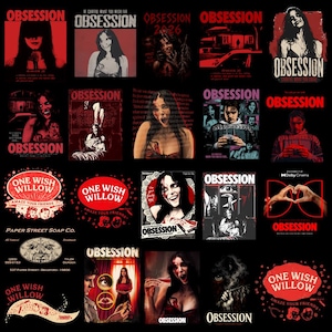 May include: A collection of red and black graphic designs featuring the word "OBSESSION" in various fonts. Some designs include images of a woman, while others have text like "2026" and "ONE WISH WILLOW".