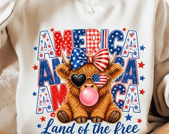 Highland Cow 4Th July Bow PNG, 4Th Of July Cow, America Flag Cow, Usa Cowgirl, Independence Day PNG