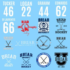May include: A light blue background features various hockey-themed logos and text. The logos include crossed hockey sticks, a hockey helmet, and the words "Briar University" and "Hockey." Numbers and names are also displayed.