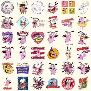 May include: A collection of Courage the Cowardly Dog stickers in various designs. The stickers feature Courage in different poses and expressions, with text like "Courage," "Welcome to Nowhere," and "Boo!" The color palette includes pink, red, and purple.