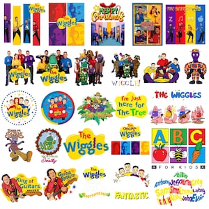 May include: A collection of colorful The Wiggles merchandise, including album covers, logos, and promotional materials. The images feature the band members, various characters, and the text "The Wiggles".