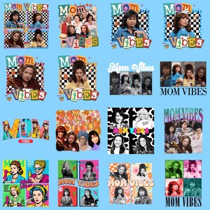 Pode incluir: Uma coleção de designs gráficos coloridos com o texto "Mom Vibes". As imagens apresentam várias mulheres em estilos retrô, com cores vibrantes e fontes divertidas. Os designs estão em um fundo azul claro.