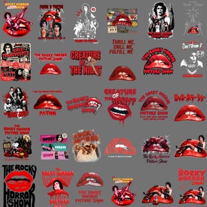 Op de afbeelding: Een verzameling grafische ontwerpen met afbeeldingen van The Rocky Horror Picture Show, waaronder rode lippen, personages en teksten zoals Don't Dream It, Be It, Creature of the Night en Thrill Me, Chill Me, Fulfill Me, gerangschikt in een raster op een grijze achtergrond.