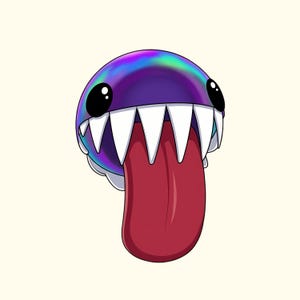 Puede incluir: Ilustración de dibujos animados de una criatura morada en forma de burbuja con un brillo arcoíris. Tiene grandes dientes blancos, ojos negros y una larga lengua roja. La criatura está sobre un fondo crema.