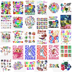 Op de afbeelding: Een verzameling kleurrijke grafische ontwerpen met cartoonfiguren en tekst. De ontwerpen bevatten zinnen als "Just a Girl", "Dandy's World" en namen van personages. Het algemene thema is speels en grillig, geschikt voor diverse producten.