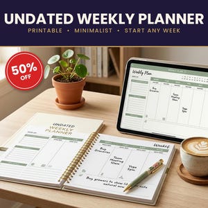 May include: An undated weekly planner with a spiral binding, featuring a green and white layout. A tablet displays the same digital planner interface. A pen, a potted plant, and a cup of coffee are arranged on the wooden surface.