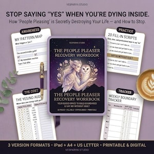 May include: The People Pleaser Recovery Workbook with a central cover featuring an illustrated winged figure and owl. Surrounding pages include a pattern map, fill-in scripts, a yes/no audit, and a weekly boundary tracker with a gold pen.