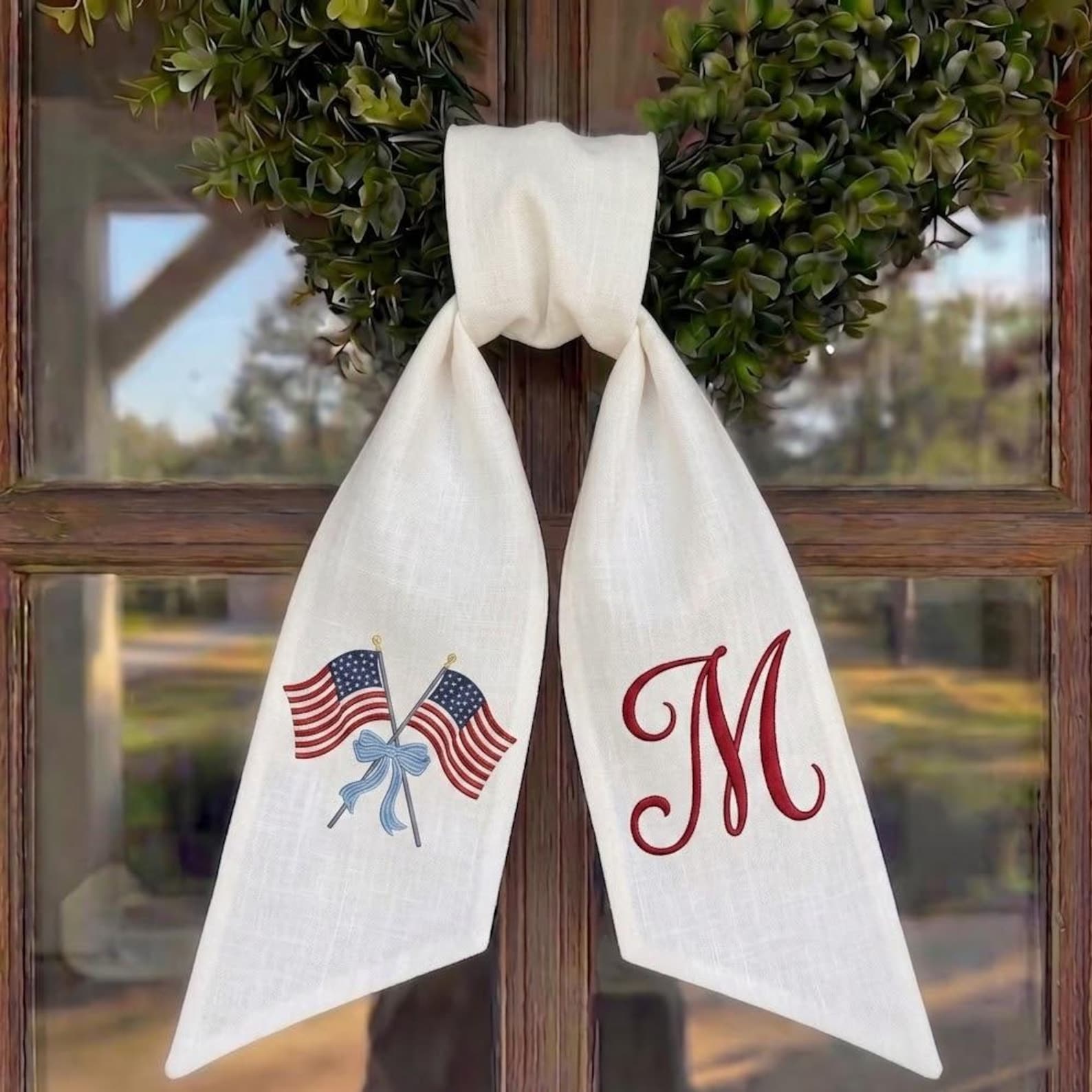Embroidered Custom USA Flag Wreath Sash, Personalized Patriotic Wreath Sash, Summer Toile Front Door Bow, Monogram Seersucker Door Decor - LINEN-WHITE