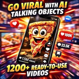 May include: A smartphone displays a cartoon pizza slice with a smiling face. The image promotes "GO VIRAL WITH AI TALKING OBJECTS" and "1200+ READY-TO-USE VIDEOS." Social media icons show 100K likes and 23.5K comments, with 1.5M views.
