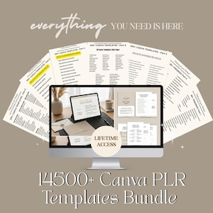 Puede incluir: Un monitor de computadora muestra un paquete de productos digitales con el texto "14500+ Canva PLR Templates Bundle". La imagen incluye pilas de documentos impresos y una tableta, con las palabras "everything you need is here."