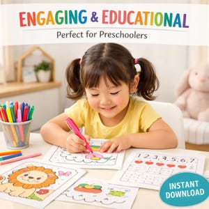 May include: A young girl with pigtails is coloring at a table. The image includes coloring pages with illustrations of a lion, a butterfly, and numbers. The text "ENGAGING & EDUCATIONAL" and "INSTANT DOWNLOAD" are visible.