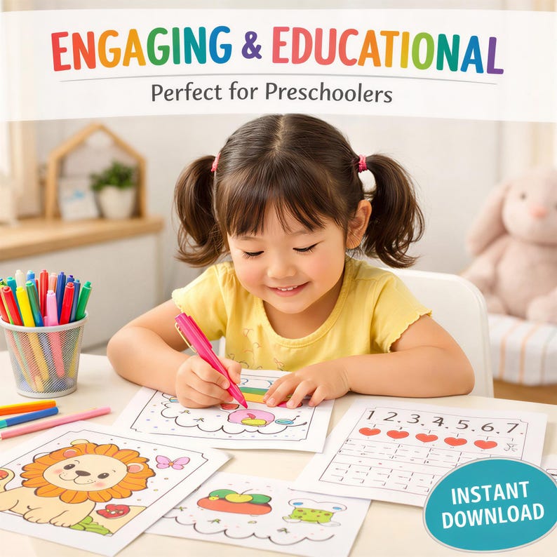 May include: A young girl with pigtails is coloring at a table. The image includes coloring pages with illustrations of a lion, a butterfly, and numbers. The text "ENGAGING & EDUCATIONAL" and "INSTANT DOWNLOAD" are visible.