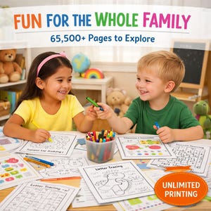 May include: Two children are smiling while coloring on activity sheets. The image includes the text "FUN FOR THE WHOLE FAMILY" and "65,500+ Pages to Explore". A container of colorful markers sits on the table, along with the words "UNLIMITED PRINTING".