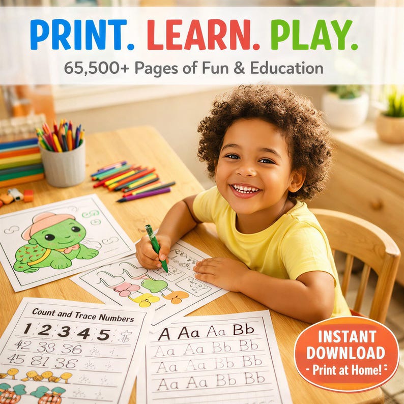 May include: A young child smiles while working on educational worksheets at a wooden table. The worksheets include tracing numbers and letters, and coloring pages. The image has the text "PRINT. LEARN. PLAY." and "65,500+ Pages of Fun & Education."