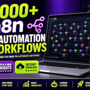 Peut inclure: Un ordinateur portable affiche un diagramme de flux de travail d'automatisation de l'IA avec un fond sombre et des nœuds colorés. L'écran affiche le logo n8n. Le texte indique "2000+ AI AUTOMATION WORKFLOWS" et "EVERYTHING YOU NEED TO AUTOMATE ANYTHING". Icônes et texte pour les droits PLR & MRR et le téléchargement instantané.