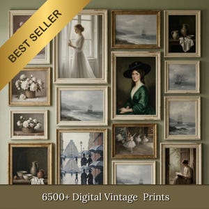 May include: A collection of framed vintage prints, including portraits, seascapes, and floral still lifes, arranged on a green wall. The prints are in ornate gold and cream frames. The image includes the text "BEST SELLER" and "6500+ Digital Vintage Prints".