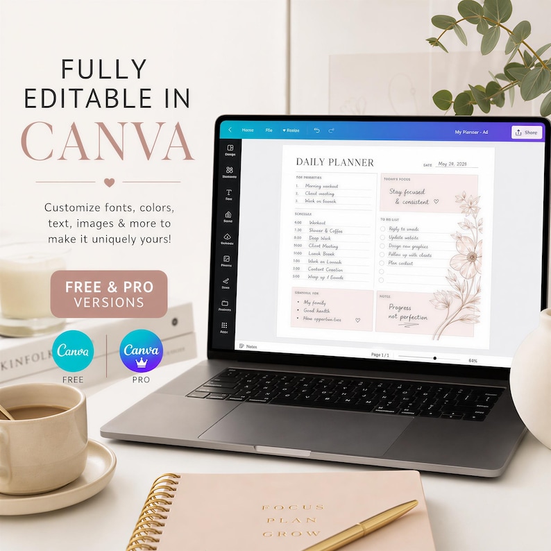 Puede incluir: Un port&aacute;til que muestra una plantilla de planificador diario con detalles florales. La pantalla muestra un horario con listas de tareas y notas. El texto "FULLY EDITABLE IN CANVA" est&aacute; en la parte superior, con opciones gratuitas y pro.