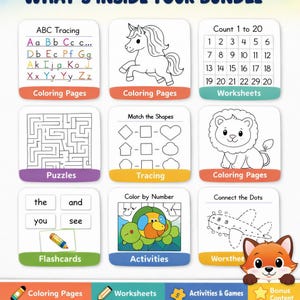 May include: A collection of educational activity cards for children. Includes ABC tracing, coloring pages with a unicorn and lion, number worksheets, puzzles, shape matching, flashcards, color by number, and connect the dots activities.